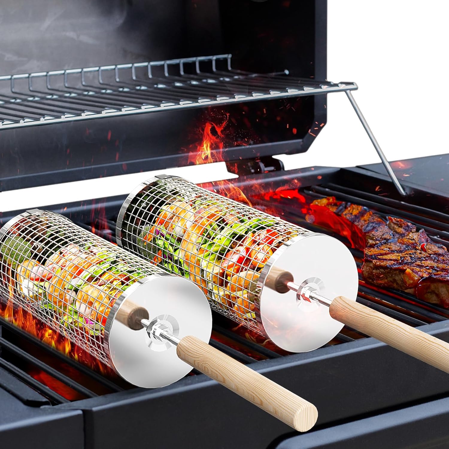 Ivtivfu Cesta de parrilla enrollable, mango de madera removible, acero inoxidable 304 (2 piezas)